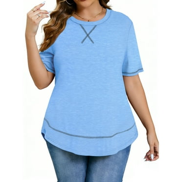 WellSize Womens Plus size Tops Curved Hem Summer Short Sleeve Shirts Loose Casual Tunic Tee