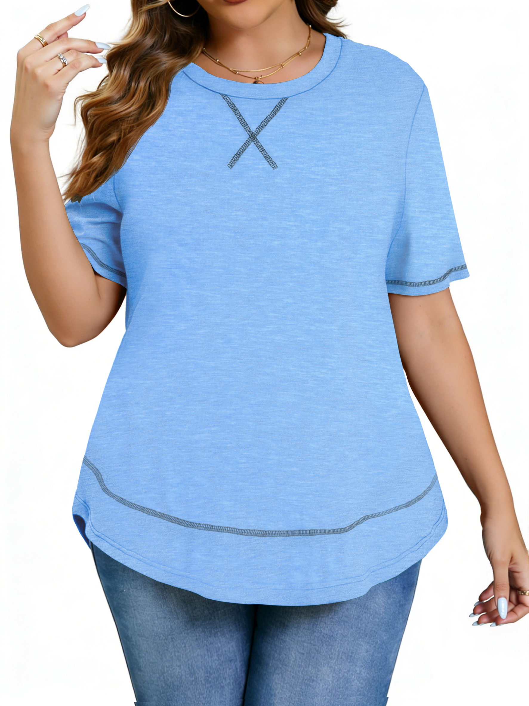 WellSize Womens Plus size Tops Curved Hem Summer Short Sleeve Shirts Loose Casual Tunic Tee