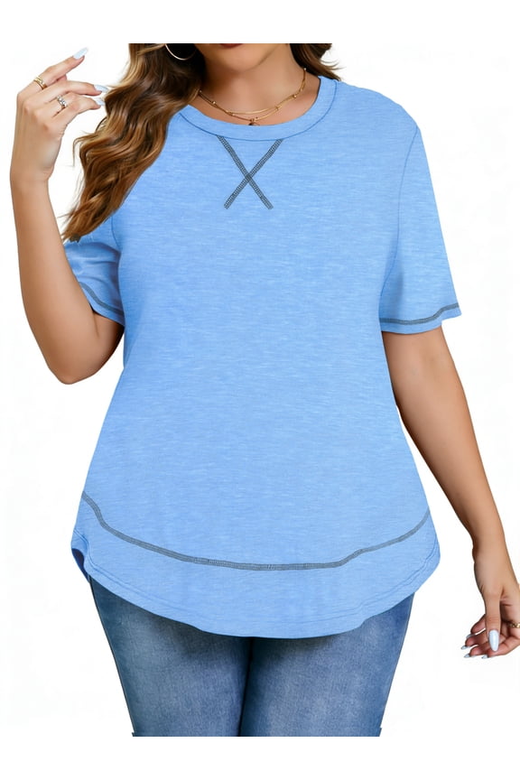 Womens Plus size Tops Curved Hem Summer Short Sleeve Shirts Loose Casual Tunic Tee