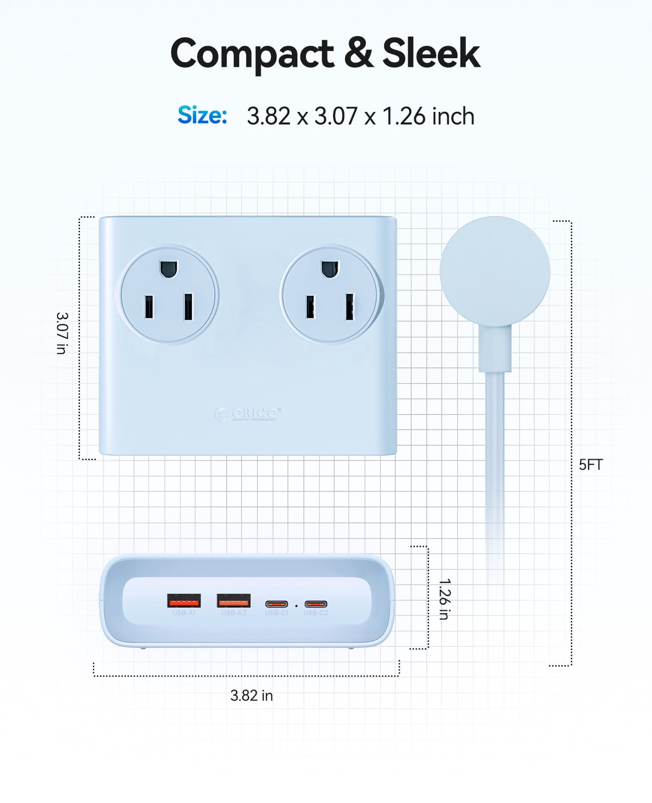 ORICO 25W GaN 8-in-1 Power Strip with 4 AC Outlets & 4 USB Ports (USB-A/USB-C), 5ft Flat Plug Outlet Extender for Home Office Travel(BLUE)