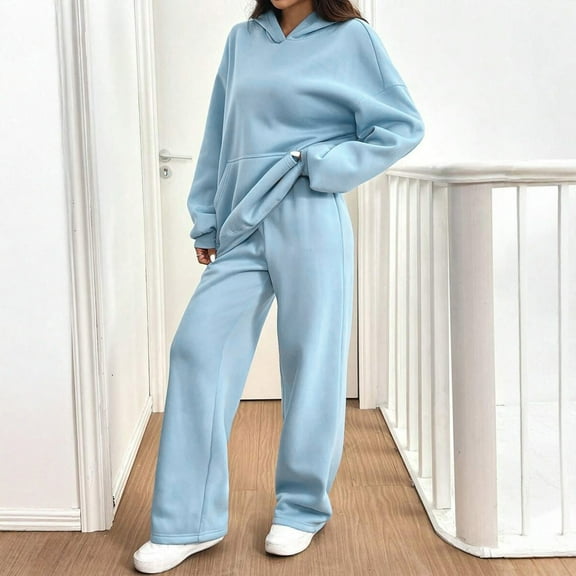 Fgvctg Sweat Set for Women 2 Piece Winter Lounge Sets Cozy Fleece Sweatsuits Plus Size Jogger Sweatpant Oversized Sweatshirts Tracksuit with Pockets Sky Blue XL