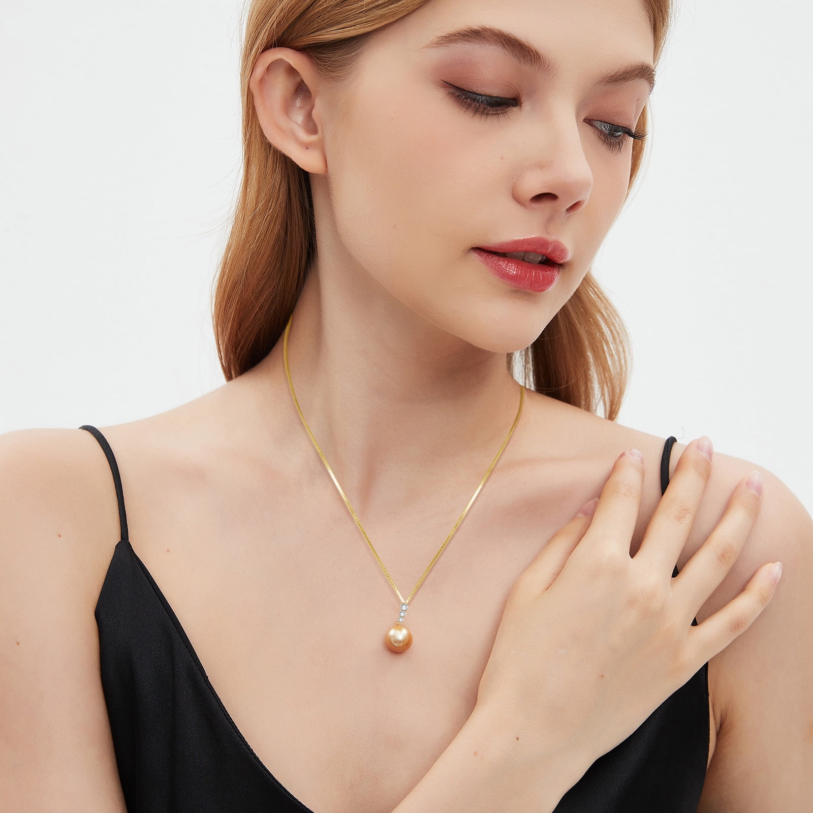 Yami 11-12mm Golden Pearl Pendant Necklace Saltwater Cultured Round Pearls in 925 Sterling Silver, 18+2in Adjustable Length Mother' Day Gift for Her