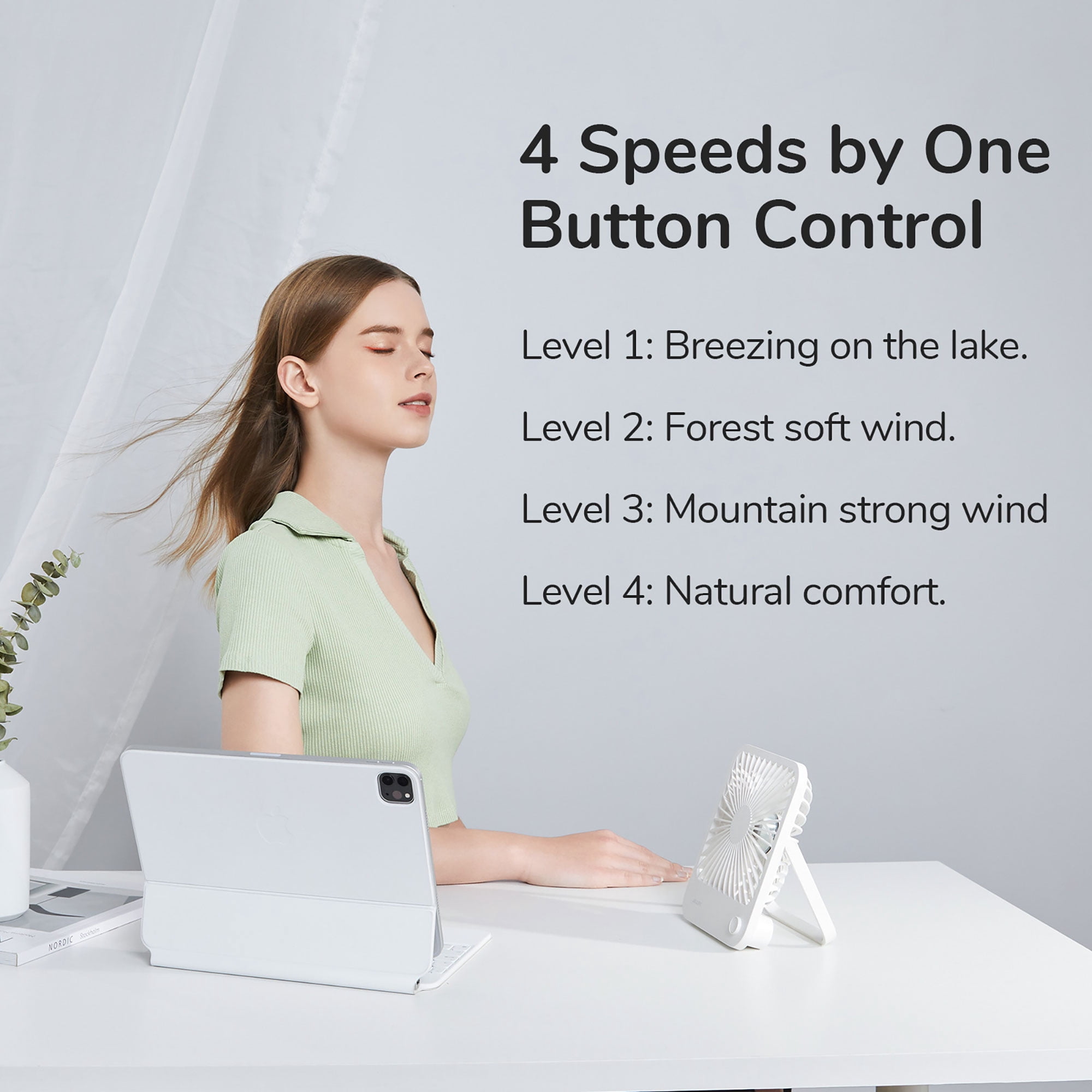 JISULIFE Portable Desk Fan, 4 Adjustable Speeds, 180°Foldable Design, 4500mAh Rechargeable Fan Battery Powered for Home, Outdoor-White