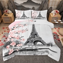Homewish Pink Cherry Blossom Bedding Comforter Set,Prias Eiffel Tower Twin Comforter Sets,Japanese Sakura Bedding Set For Girls Kids,Ultra Soft Home Decor Reversible,2-Piece
