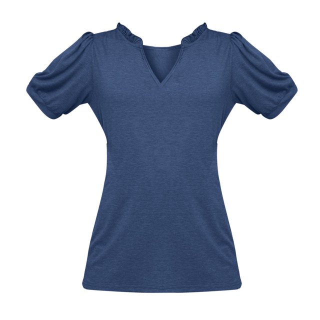 TSADFHJI Woman Tops Plus Size Summer V Neck Pullover Solid Color Pleated Puff Sleeve Design T Shirt L Navy