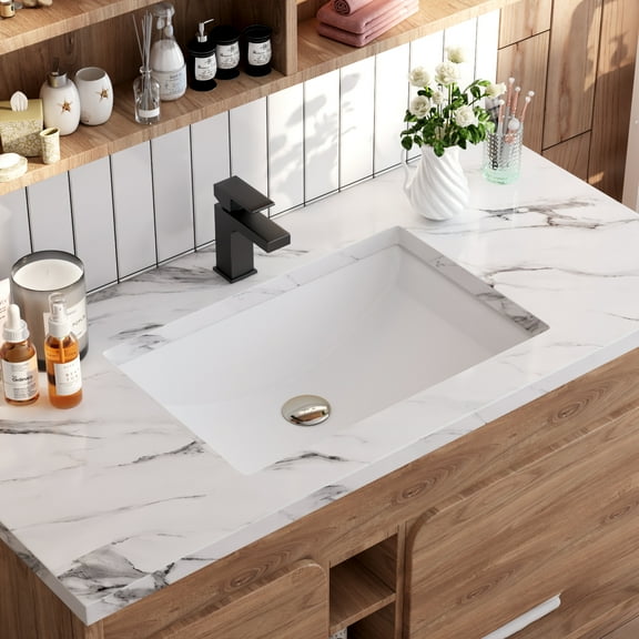 DeerValleyBath DV-1U101 Ceramic White Rectangular Undermount Sink Porcelain Bathroom Vanity Vessel with Overflow