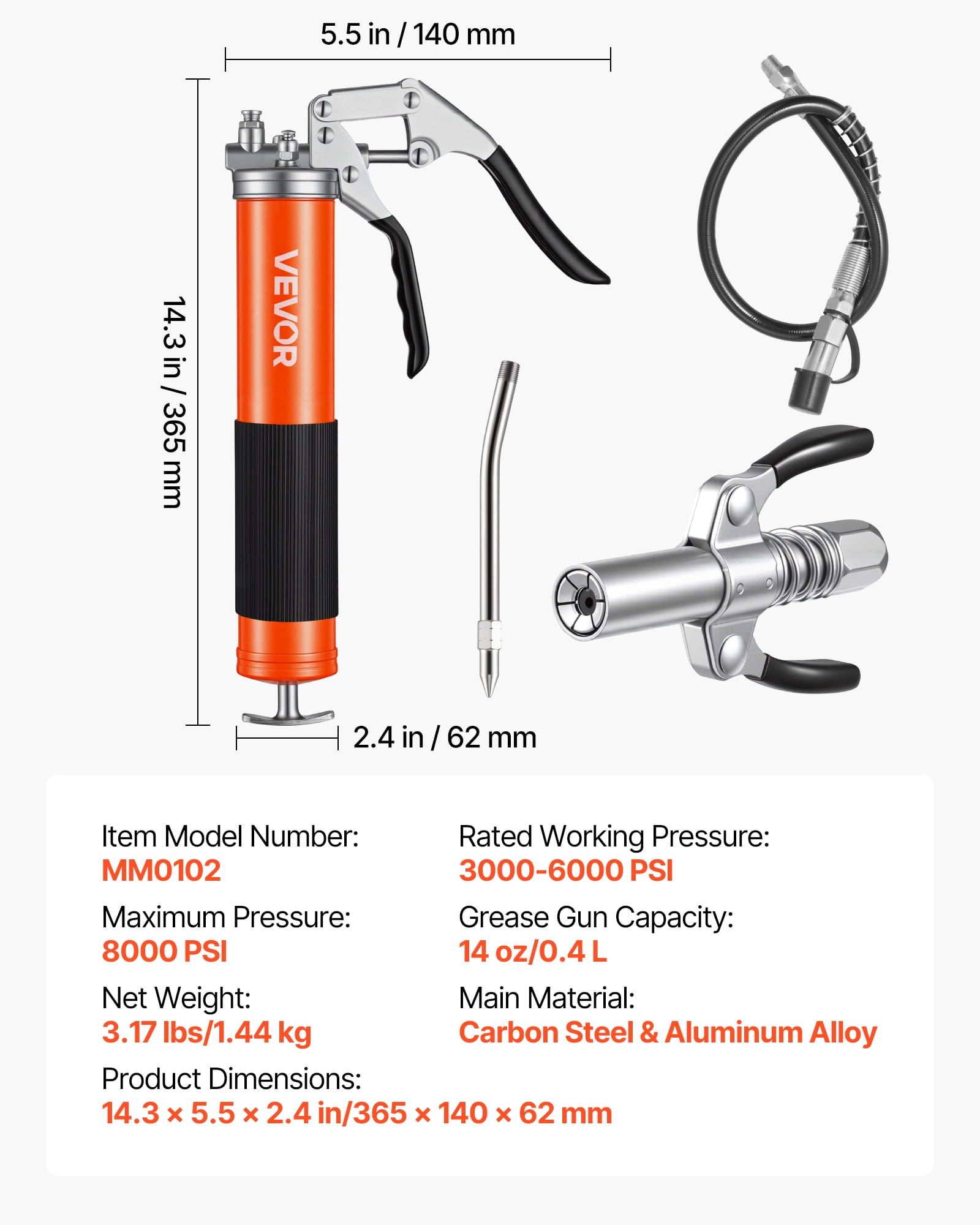 VEVOR Grease Gun, 8000 PSI, Pistol Grip Grease Gun Kit with 14 oz Capacity, Includes 18-Inch Flex Hose, Double Handle Grease Coupler, Extension Rigid Pipe & Sharp Type Nozzle for Automotive, Marine