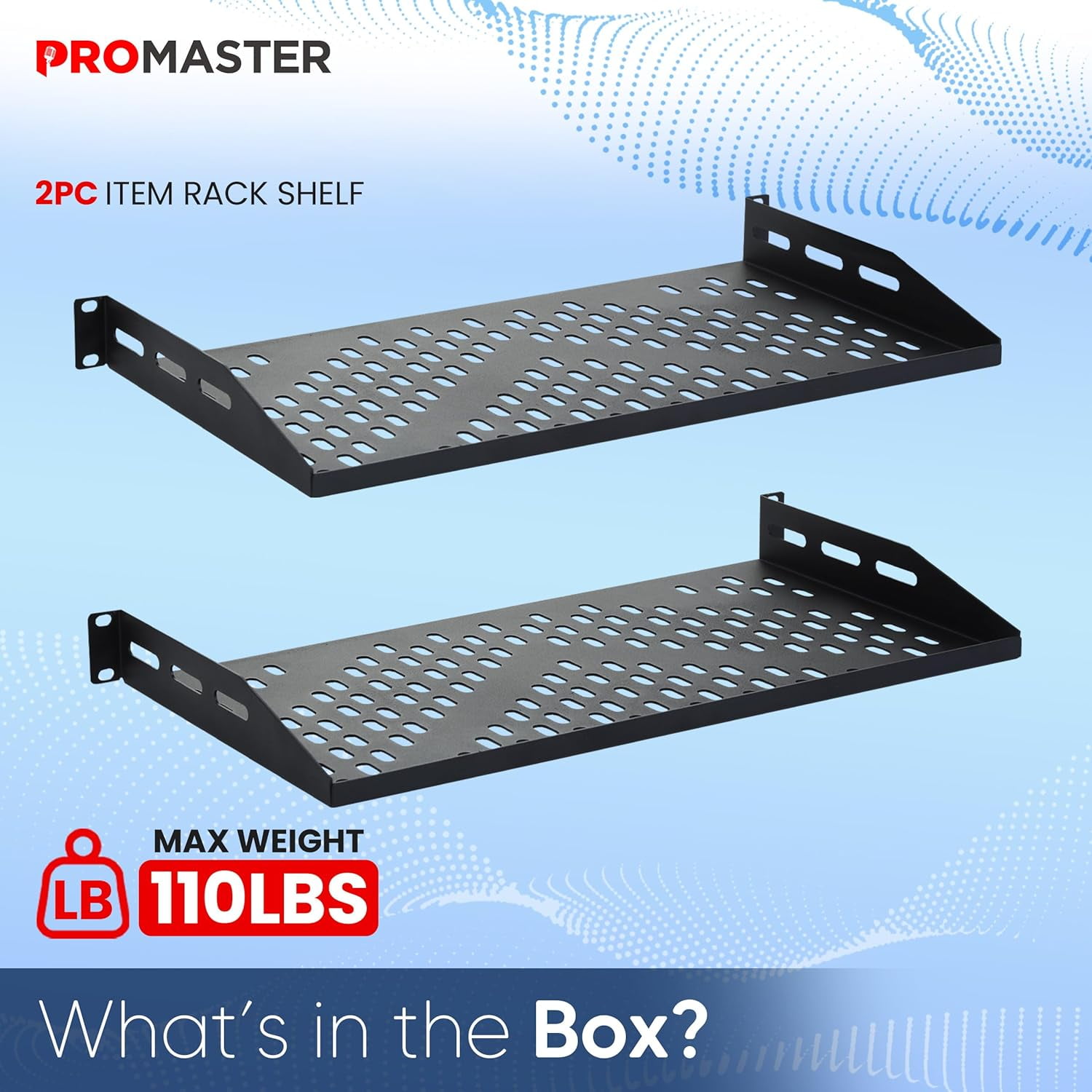 ProMaster Server Vented Shelf - 2-Pack 19 Inches, 10'' Deep, 1U Universal Integration Server Vented Rack Mounting Tray For Good Airflow, Cantilever Mount, Device and Equipment Wall Mounting - Black