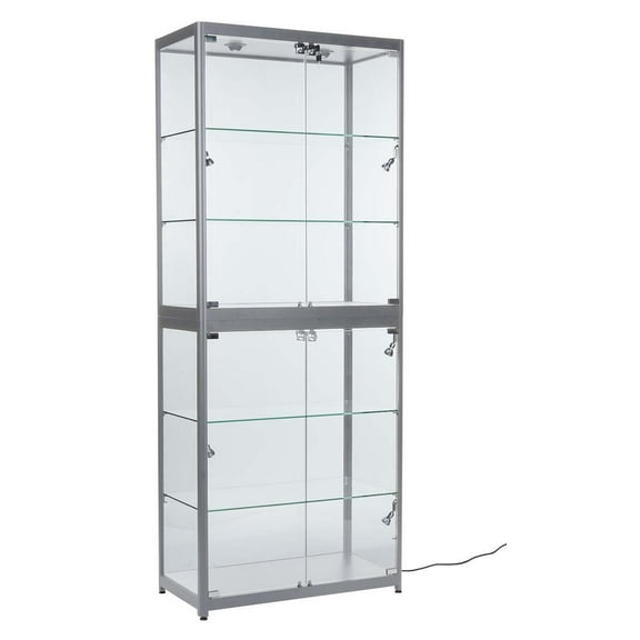 Displays2go Floor Standing Glass Showcases, 4 Shelves, Aluminum, Tempered Glass – Silver, Clear (2TCASESLVL)