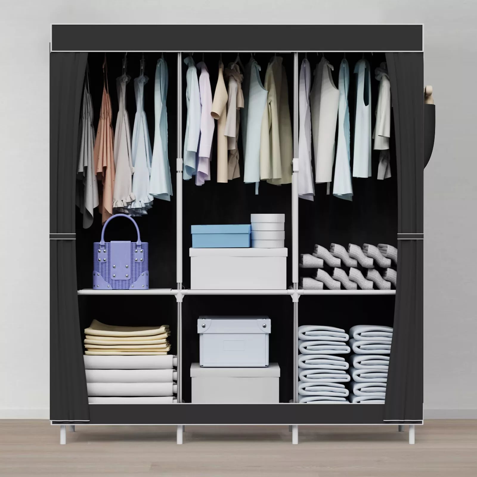 Portable Closet Organizer, Hanging Clothing Rack Shelf, Dustproof Non-woven Fabric Wardrobe Closet Storage, Black