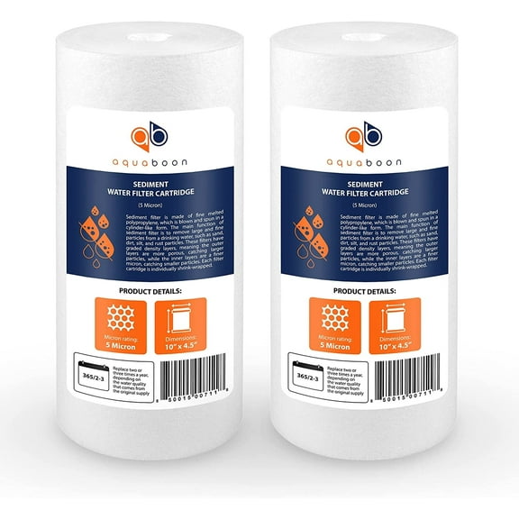 Aquaboon 2-Pack of 5 Micron 10" Sediment Water Filter Replacement Cartridge | Whole House Sediment Filtration | Compatible with W15-PR, HD-950, WFHD13001B, GXWH35F, GXWH30C