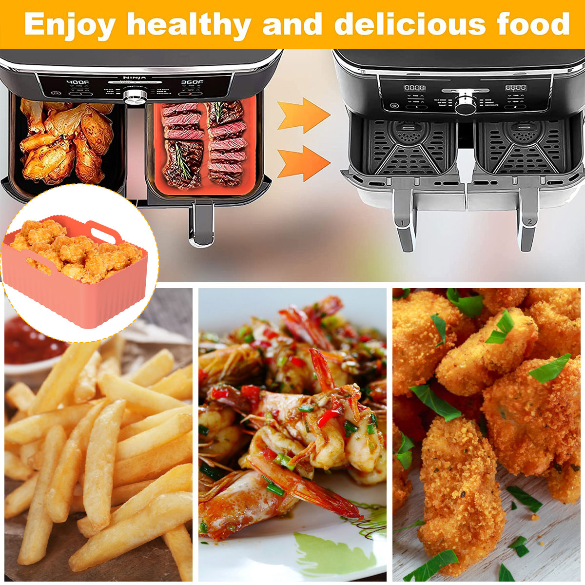  Dual Basket Air Fryer Accessories, 15pcs Set for Ninja DZ401  DZ201 Foodi Dualzone Air Fryers with 100pcs Air Fryer Liners, 2 Non-Stick  Pans, Bread,Toasting,Skewer Racks, 6 Cake Cups, 2 Mitts, Recipes
