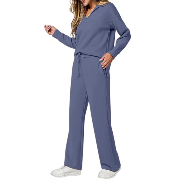 Conjuntos de Dos Piezas para Mujer, Moda de Otoño 2025, Pantalones Anchos, Conjunto de Estar por Casa, para Viajes y Vacaciones. Azul Gris L