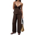 thumbnail image 2 of Women's Wide Leg Sets Deep Neck Camisole Tank Tops Matching 2 Piece Set Pants Outfit Top Dark Brown S, 2 of 7