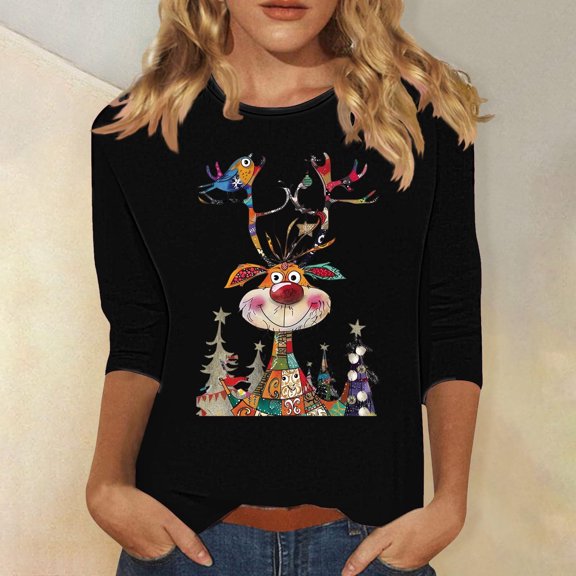 Womens Tops 2024 Funny Christmas Long Sleeve Shirts Crew Neck Dressy Tshirt Casual Loose Blouse Black L