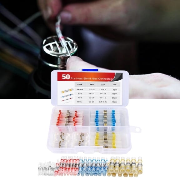 50Pcs Solder Seal Wire Connector, Solder Seal Heat Shrink Butt Connectors Terminals Electrical Waterproof Insulated Marine Automotive Copper(23Red 12Blue 10White 5Yellow)