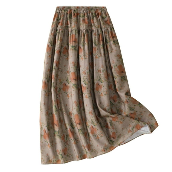 Awdenio Midi Skirt Women Printed Cotton And Linen Midi Style Skirt Drawstring Skirt