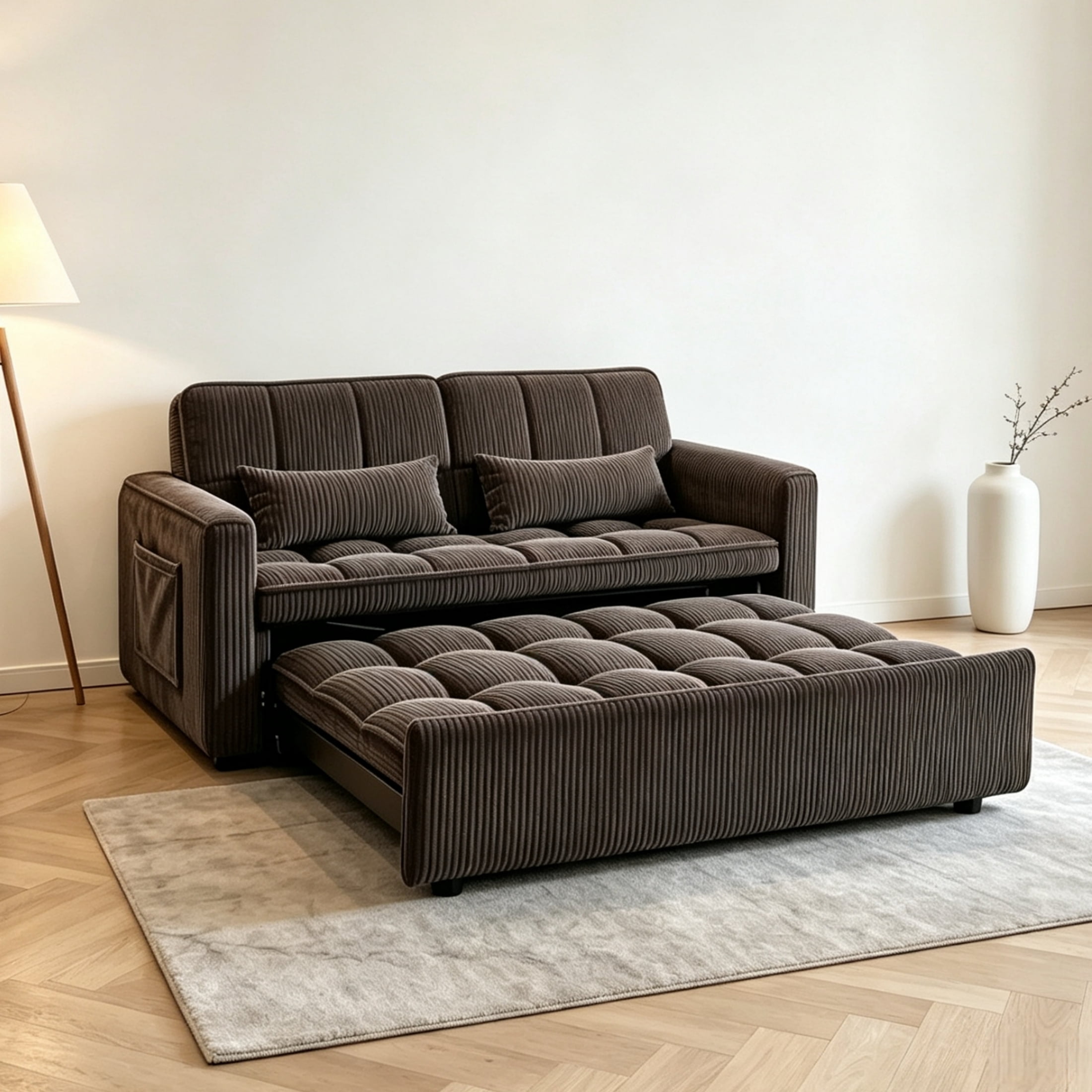 Anpport 55" Striped Corduroy Loveseat, Convertible Sleeper Sofa Bed for Small Spaces, Dark Gray