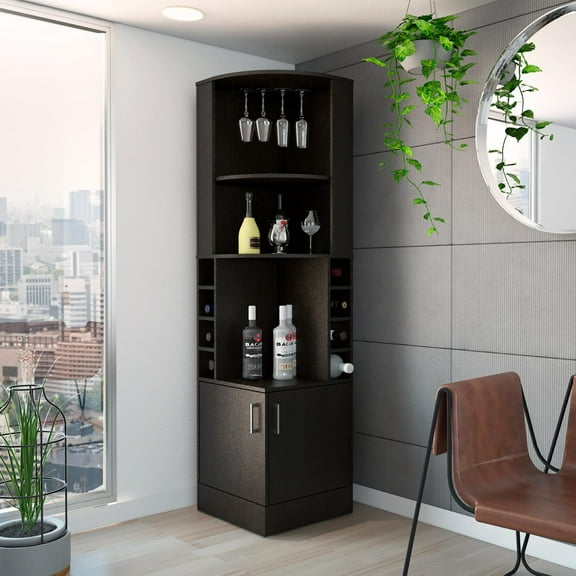 TUHOME Syrah Corner Bar Cabinet with Wine Storage and 8 Cubbies, Black