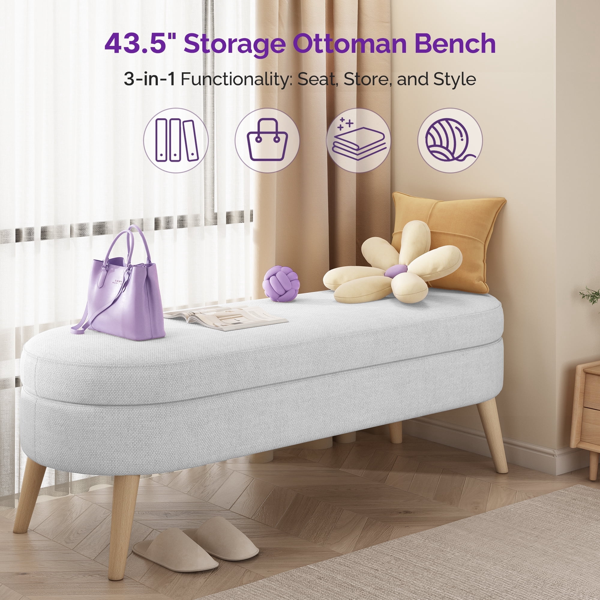 Sersper Modern 43 Inches Storage Ottoman Bench for Living Room, Bedroom, Entryway - Ottoman Foot Rest with Storage, White
