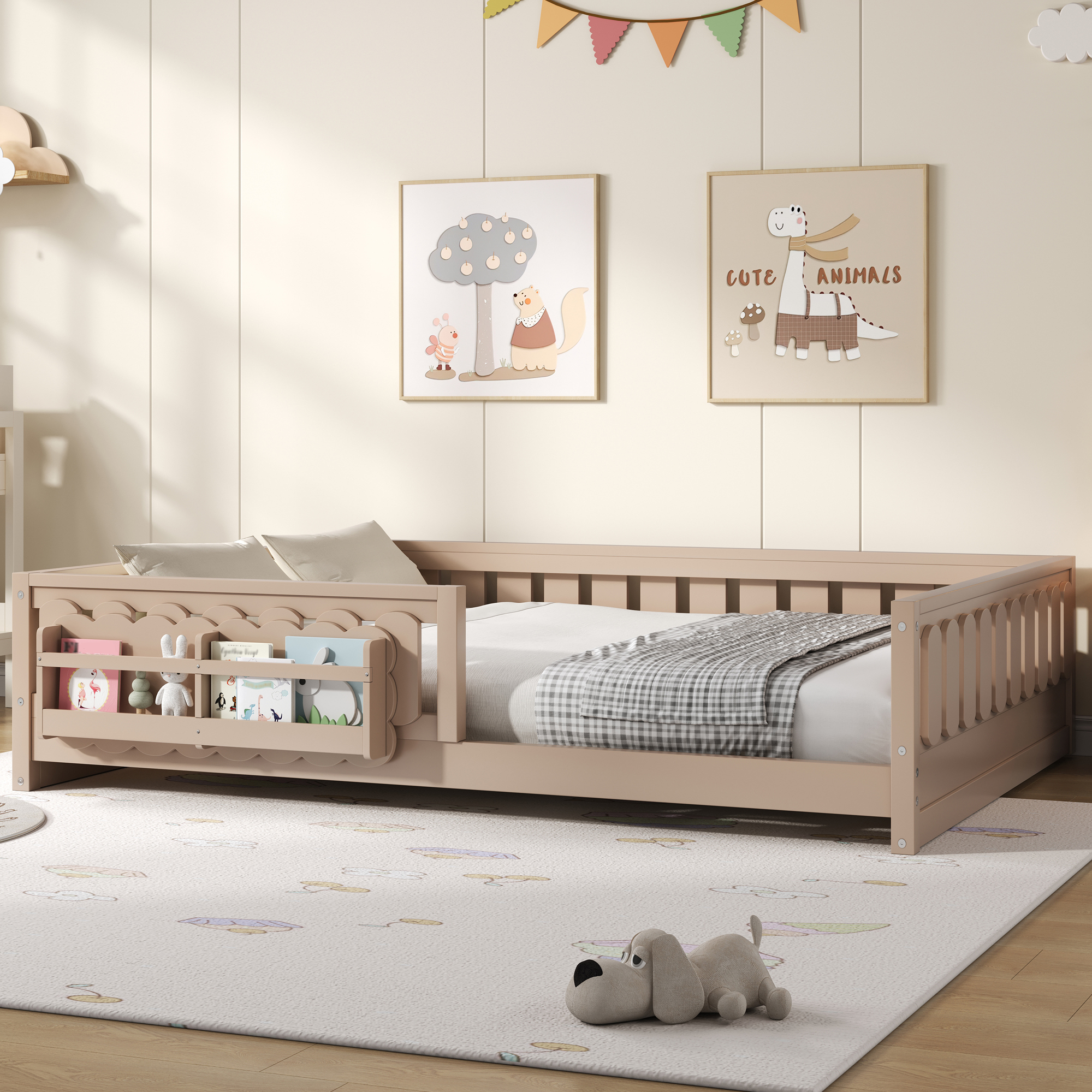 Euroco Wood Full Size Platform Bed with Shelves, Floor Bed with Guardrails, Natural