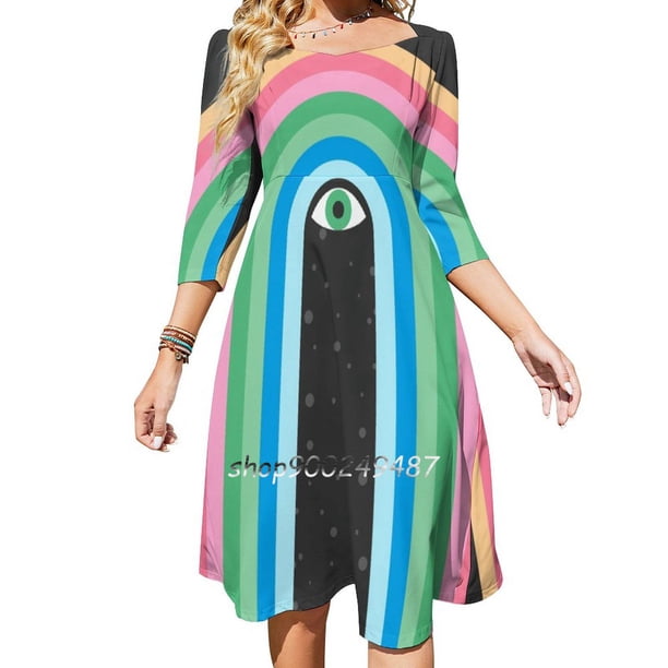 Vestido elegante y dulce con lágrimas de galaxia para mujer, vestido coreano kawaii con cuello cuadrado, estrellas geométricas coloridas y amor por las lágrimas de galaxia