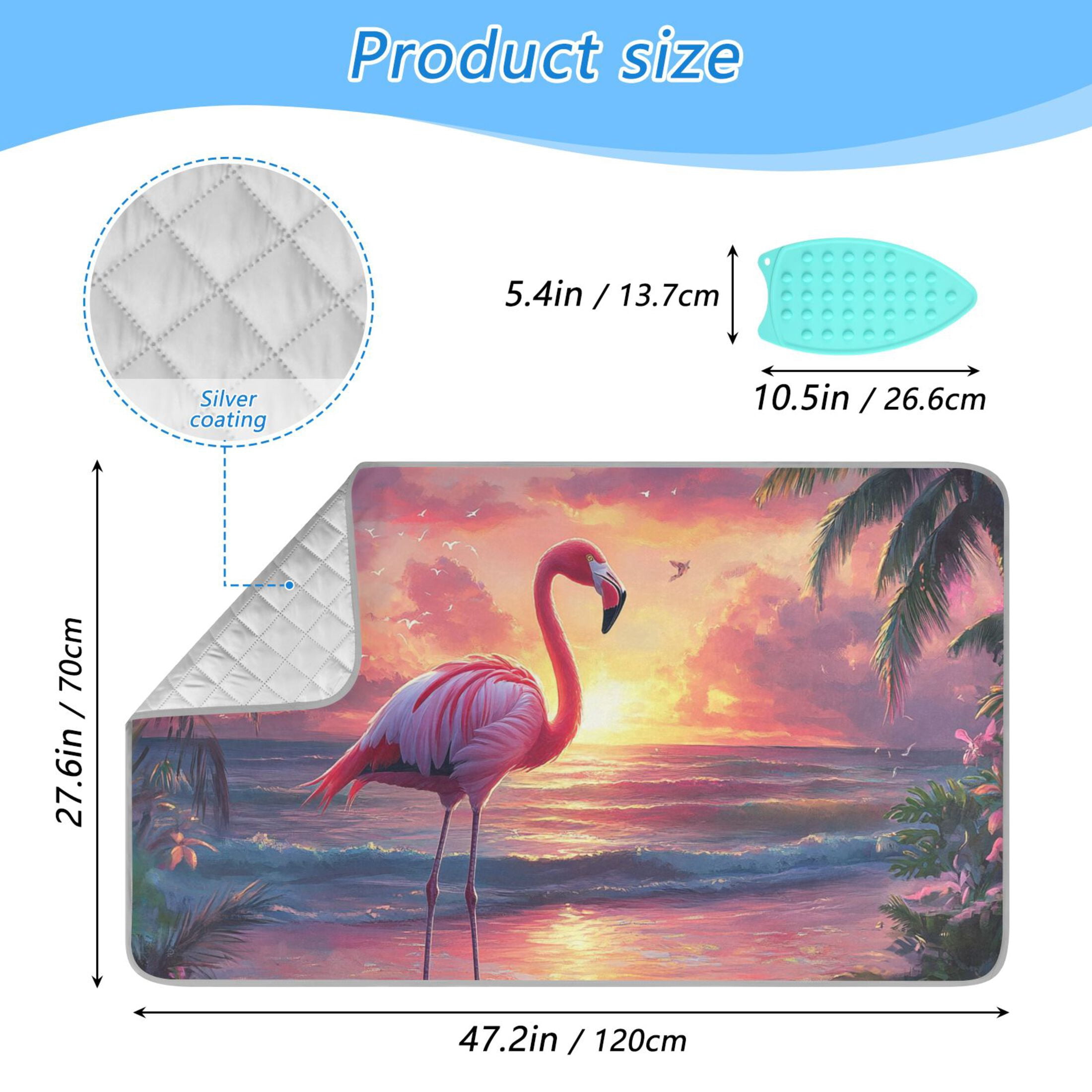 Flamingo on Dreamy Sunset Beach Ironing Mat Blanket Portable Travel Ironing Pad Heat Resistant Pad 47.2" x 27.6”