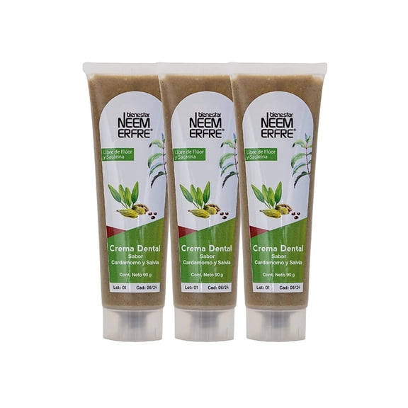 Crema Dental Sin Fluor Sabor Cardamomo Bienestar NEEM ERFRE Paquete de 3 90GR c/u