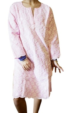 Mogul Women Tunic Dress Floral Cotton Pink Chikankari Embroidered Summer Bohemian Blouse Kurti M