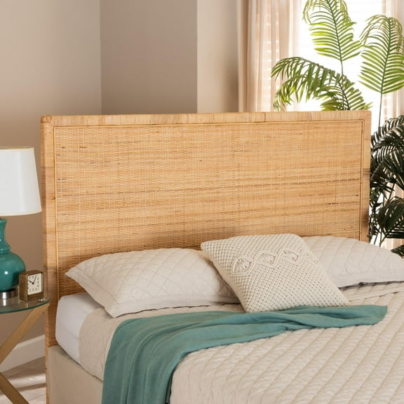 Baxton Studio Adelyn Modern Bohemian Natural Brown Rattan and Mahogany Wood King Size Headboard