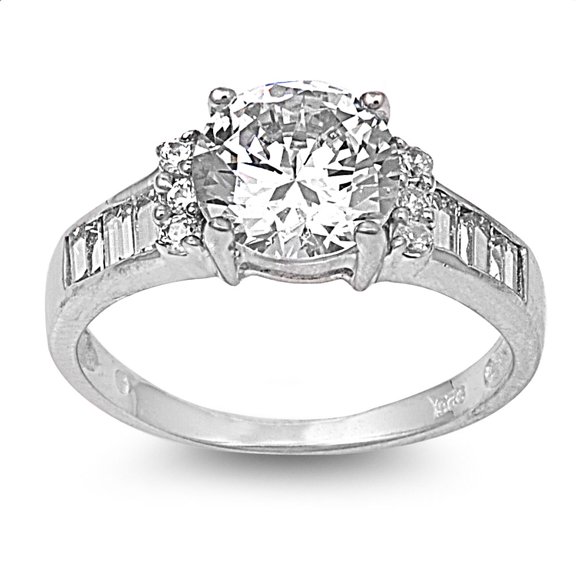 Baguette Sided Round Center Cubic Zirconia Ring Sterling Silver 925