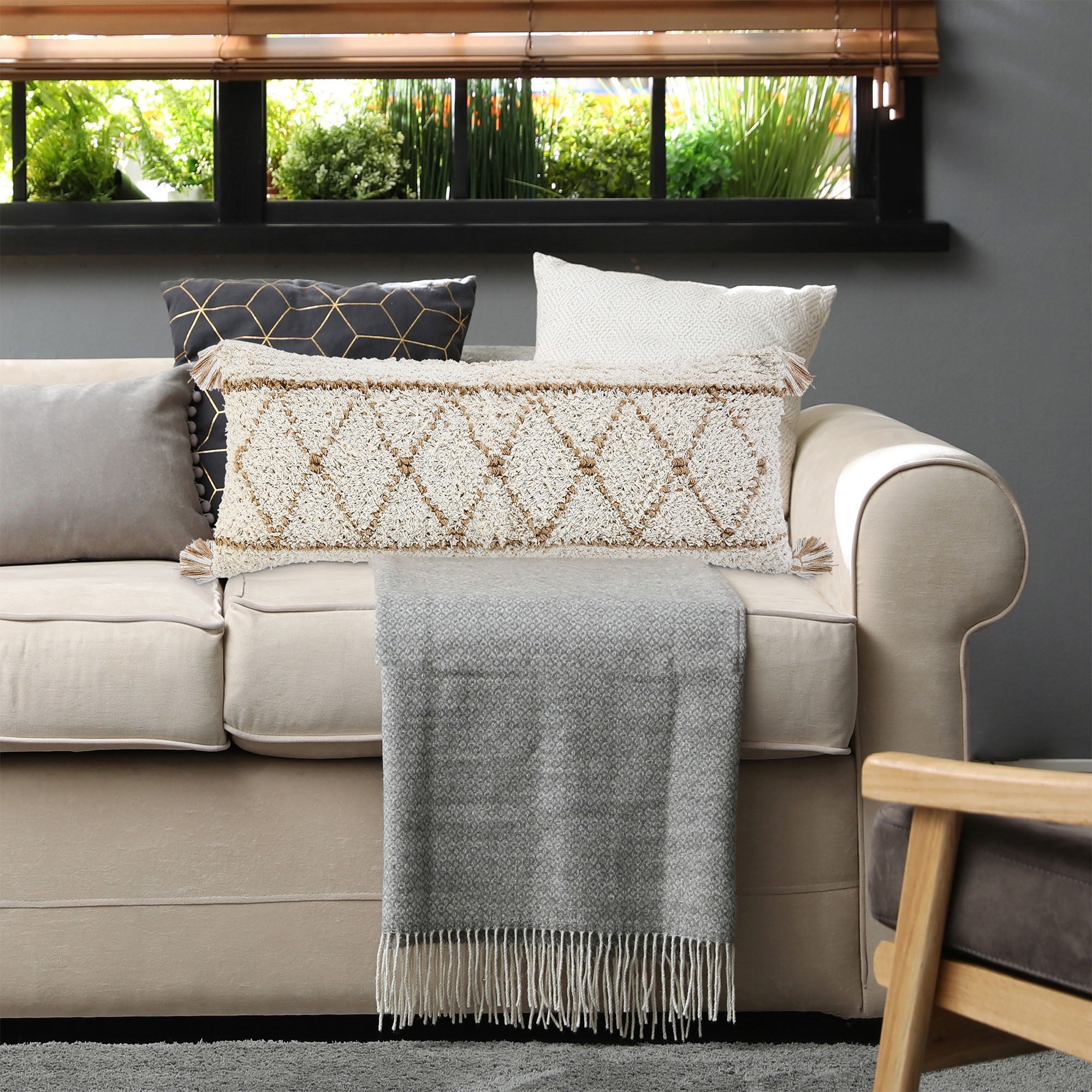 LR Home Ox Bay Hand-Woven White/Brown Diamond Cotton Blend Pillow Cover