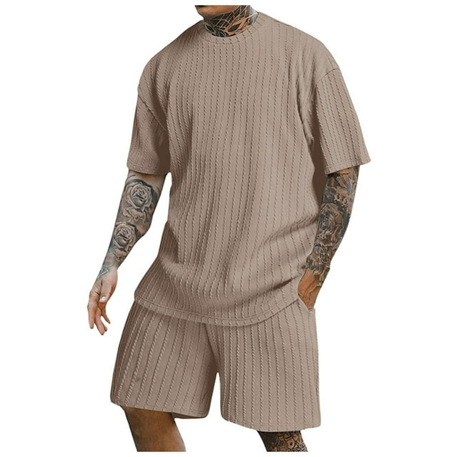 toraway Autumn Mens Sets 2 Piece Men's Rib Shirt Short Sleeve and Shorts Slim Fit Muscle T Shirt Stretch Bodybuilding Exercise Rib Knit Two Piece Set S
