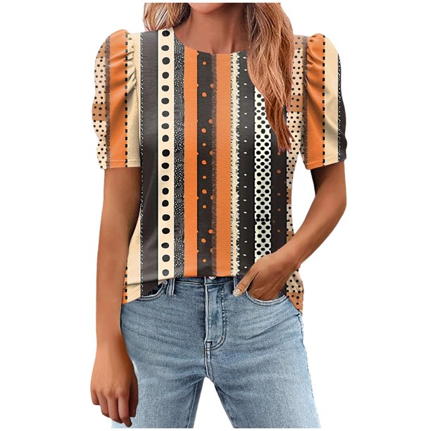 Tops de Manga Corta de las Mujeres Impreso Cuello Redondo, Suelto Casual Top para el Hogar Y el Uso Diario