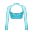 thumbnail image 3 of inlzdz Girls Sparkle Sequins Mock Neck Mesh Long Sleeve Gymnastics Shirt Hip Hop Jazz Dance Crop Top Lake Blue 8, 3 of 6