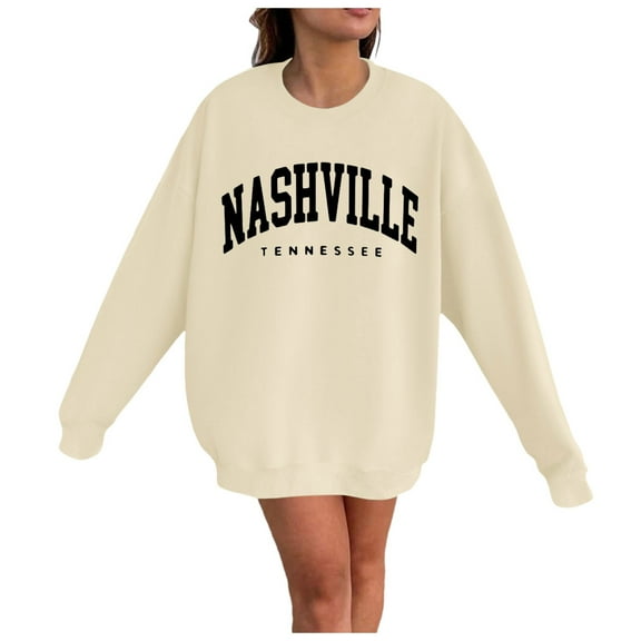 Riforla Tennessee Letter Print Adult Unisex Crewneck Sweatshirts for Women Long Sleeve Pullover Top Casual Loose Fit Beige L