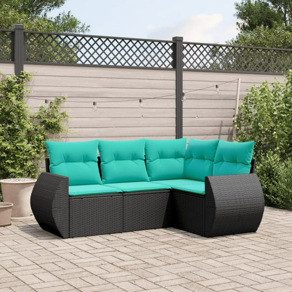 vidaXL 4 Piece Patio Sofa Set with Cushions Black Poly Rattan