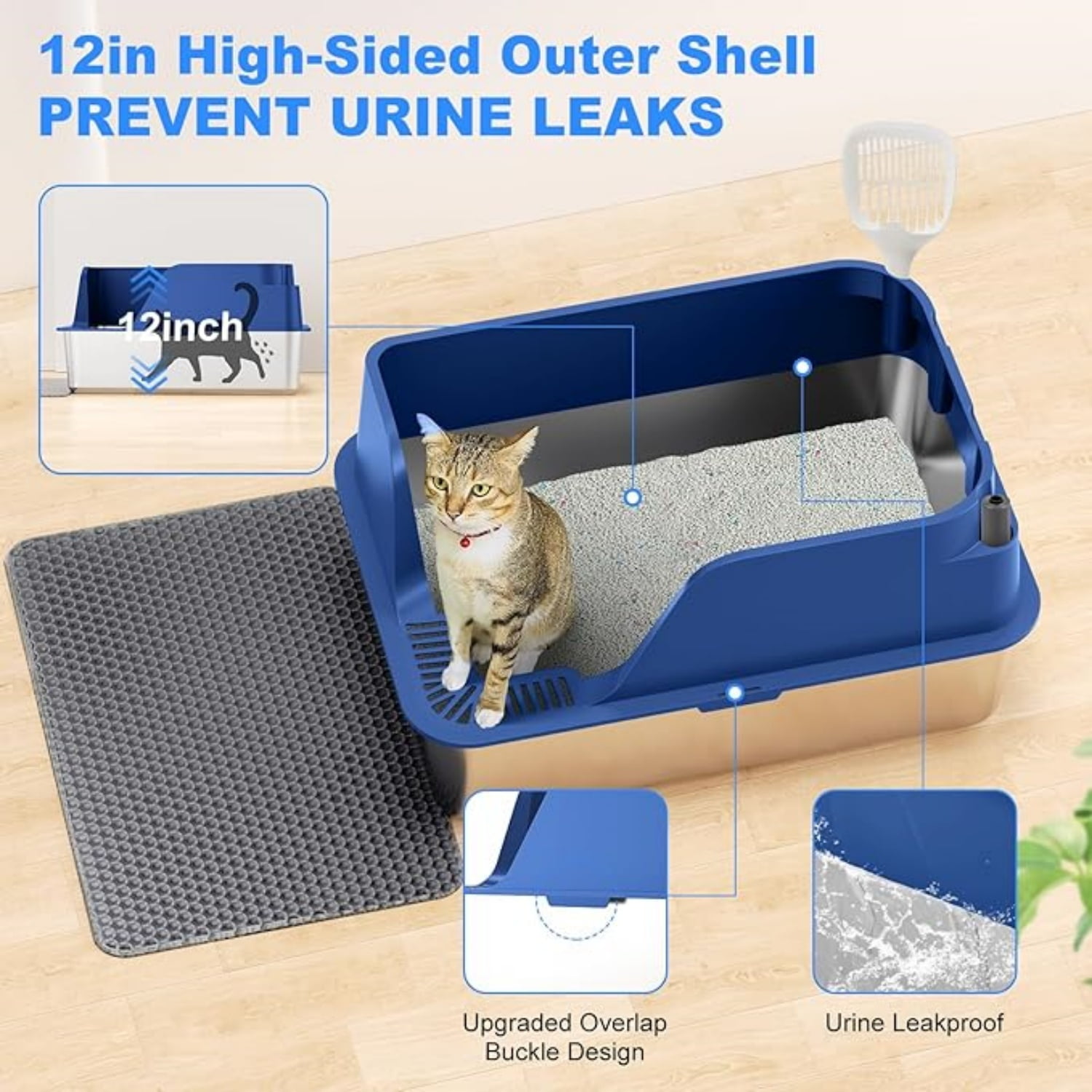 Non-stick Stainless Steel Litter Box, XL Side Opening Splash-Proof & Leak-Proof Seamless Seal, Large Capacity, Cat Litter Box with Lid for Multi-Cats, Large Cats, Easy-Clean & Durable (Blue)