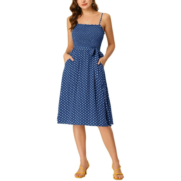 Vestido de tirantes ajustables con cintura atada y estampado de lunares para mujer azul S
