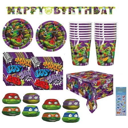 TMNT Teenage Mutant Ninja Turtles Birthday Party Supplies Bundle includes 16 Lunch Plates, 16 Napkins, 16 Cups, 1 Plastic Table Cover, 16 Paper Masks, 1 Banner, 1 Dinosaur Sticker Sheet