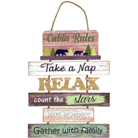 Cabin Rules Sign Rustic Wooden Door Wall Decor Vertical Hanging Outdoorsy Family Bears Accent 18" x 14"