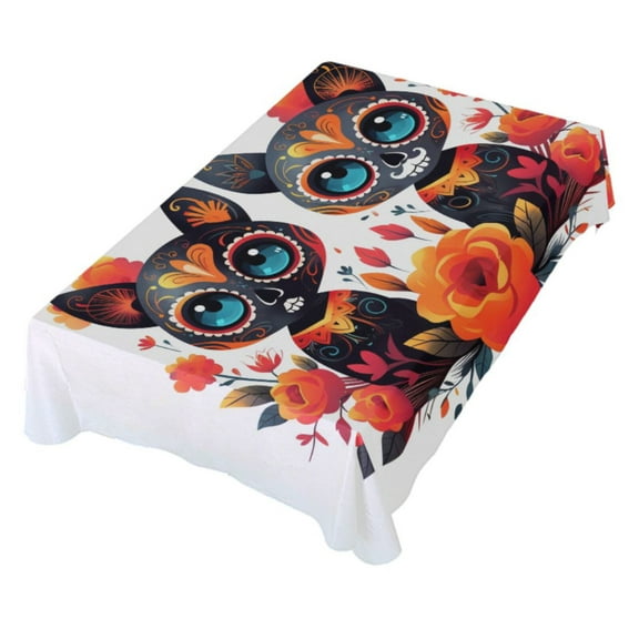 JSTEL Sugar Skull Cat Day Of Dead Table Cloth Square 60 x 60 Inch Tablecloth Anti Wrinkle Table Cover for Dining Kitchen Parties