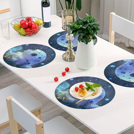 

Round Grid Placemat One Sizex4 Round Placemat PVC Plate Mat，15.4 Inch Non-Slip and Heat Resistant Table Placemat Dining Room Placemat Blue Cartoon Monster