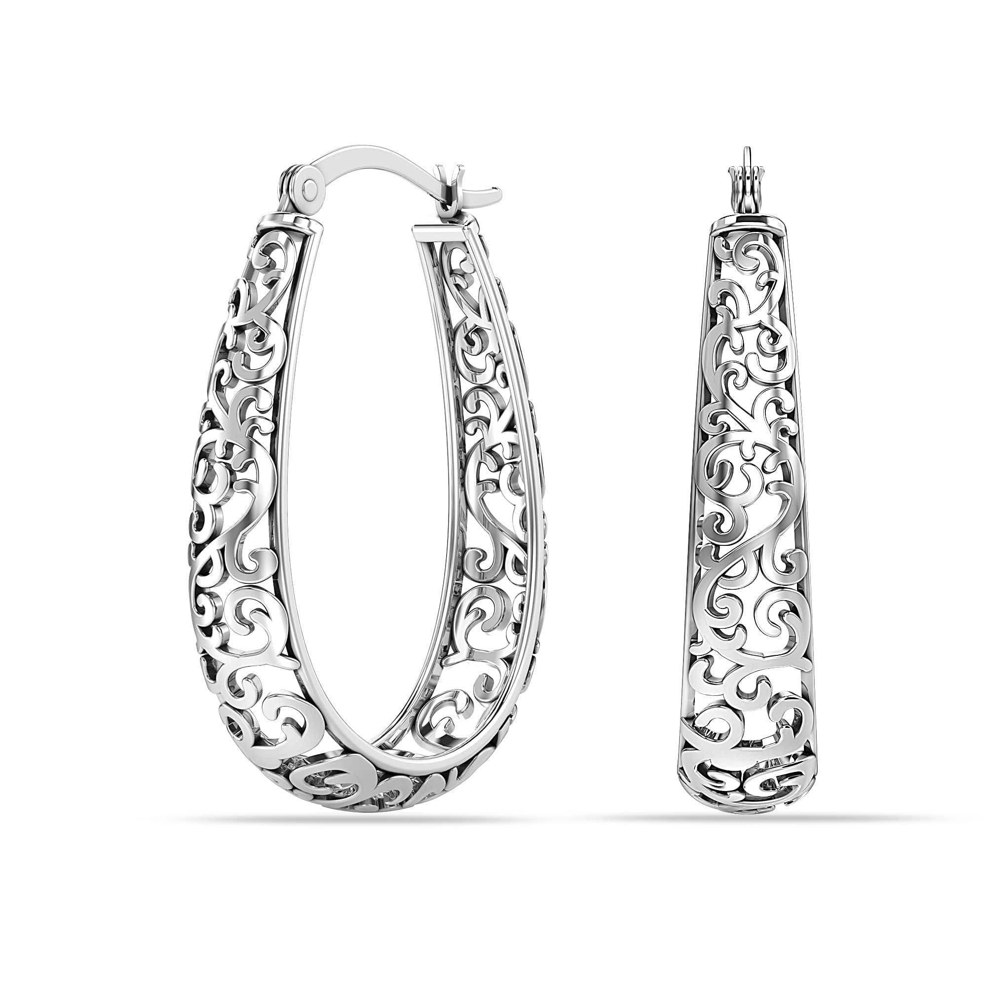 LeCalla 925 Sterling Silver Hypoallergenic Click Top Oval Filigree Hoop Earrings Jewelry for Women and Teen 27MM