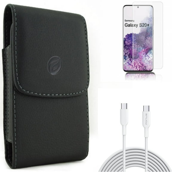 Case Belt Clip w Screen Protector w 6ft Long Type-C Cable for Samsung Galaxy S20 Plus - Leather Holster Cover, Tempered Glass [Fingerprint Unlock] 3D Curved Edge, PD Fast Charger fits Galaxy S20 Plus