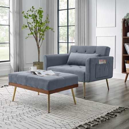 Sofa Chair with Footstool,Multi-Function Breathable Velvet Couch Bed with Adjustable Backrest Modern Convertible Chair,2 Arm Pocket and Wood Frame include 1 Pillow(40.5”x33”x32”)