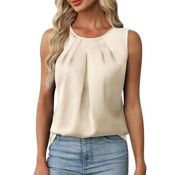 YUGYXL Womens Silk Satin Tank Tops Crew Neck Pleated Camisole Sleeveless Business Work Blouse Dressy Casual Summer Shirt Beige L