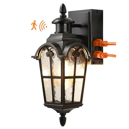 Outdoor Motion Sensor Light w/ 2 GFCI Outlets,Dusk to Dawn Wall Lantern