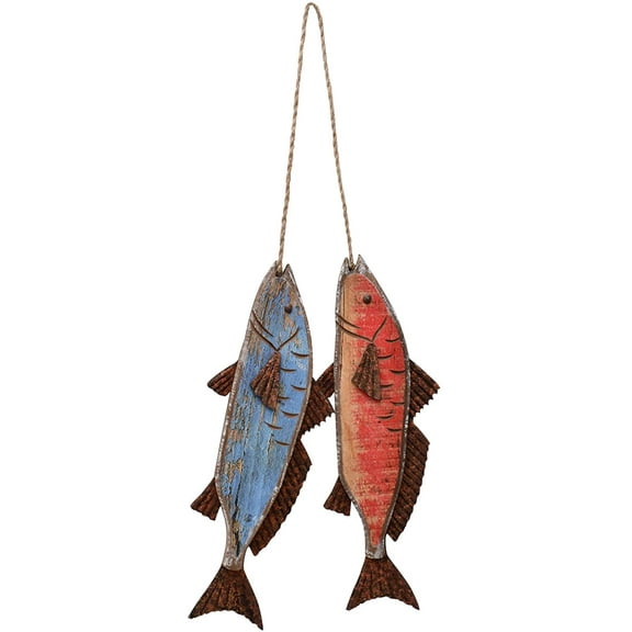 Wooden Fish Decor Hanging Wood Fish Decorations for Wall, Rustic Nautical Fish Decor Beach Theme Home Decoration Fish Sculpture Home Decor for Bathroom Bedroom Lake House Decoration (Blue & Red)