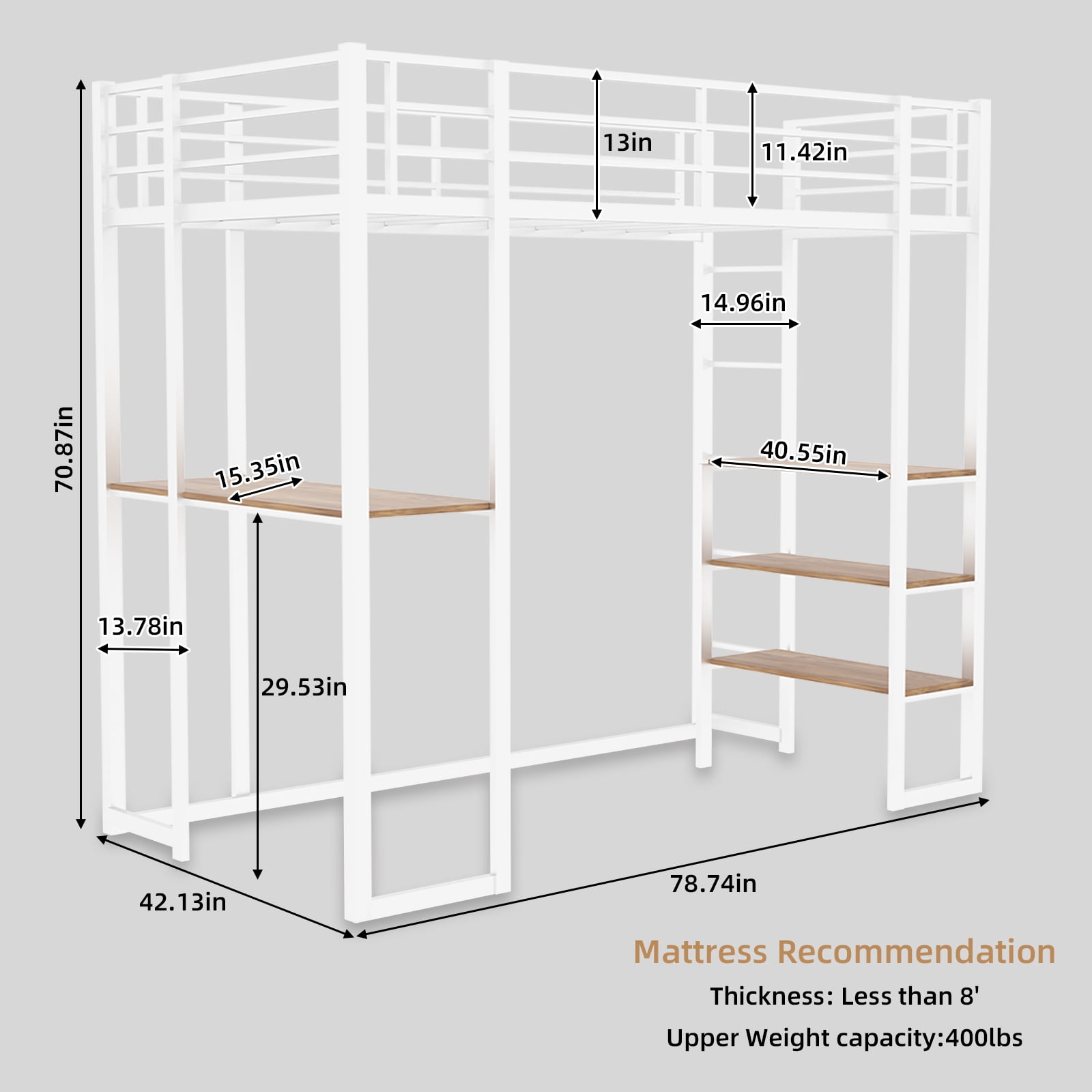 Alvantor Loft Bed Twin Size with Desk, Metal Bed Frame with Open Shelves for Kids/Teens, No Box Spring Needed White